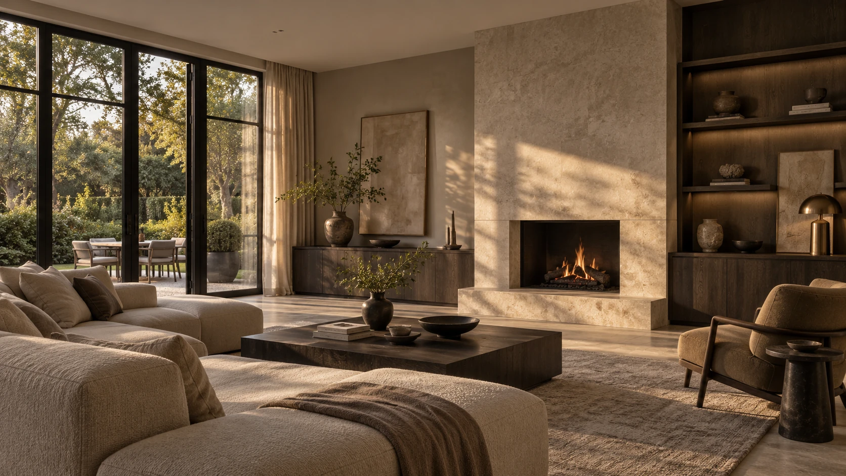Woonkamer met een open haard van natuursteen