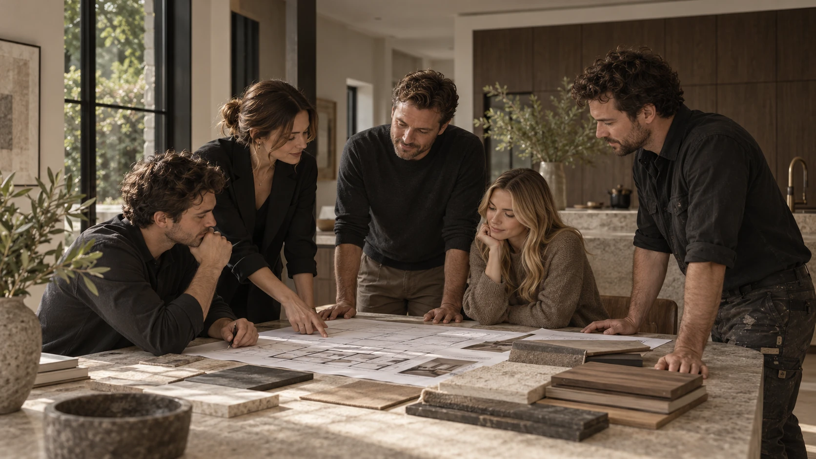 Ons team bespreekt tekeningen in een opgeleverd interieur