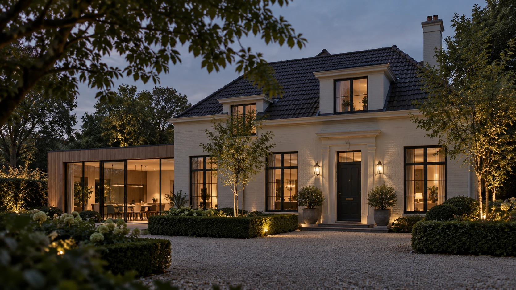 Villa Bloemendaal in de schemering, met warm licht achter elk raam